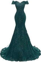 Load image into Gallery viewer, Green Lace Prom Dress 2022 Mermaid Off the Shoulder Corset Back Prom Dresses