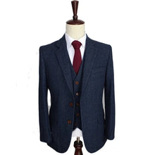 Load image into Gallery viewer, Men's Suits 3 PCS Lapel Wool Blended Navy Herringbone Gentleman Suits Jacket+Pants+Vest