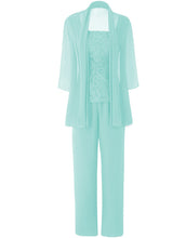 Load image into Gallery viewer, Three Pieces Mother Of The Bride Pantsuits Lace Top 3/4 Sleeves  Chiffon Illusion Short Outfit Womens Dress Plus Size