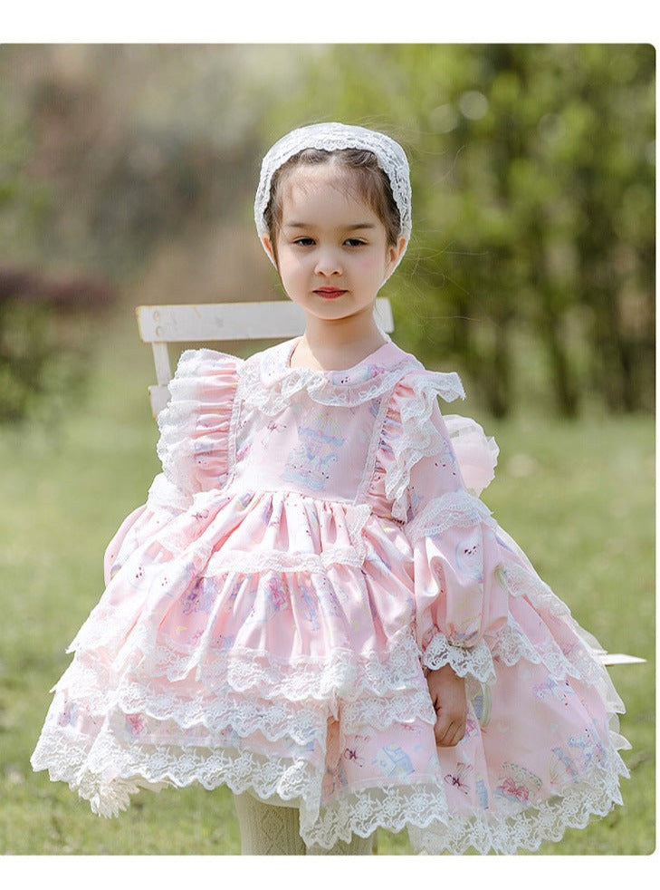Girls Lolita Dress Pink Lace Sweet Love Long Sleeves Jewel Neck with Bow(s)
