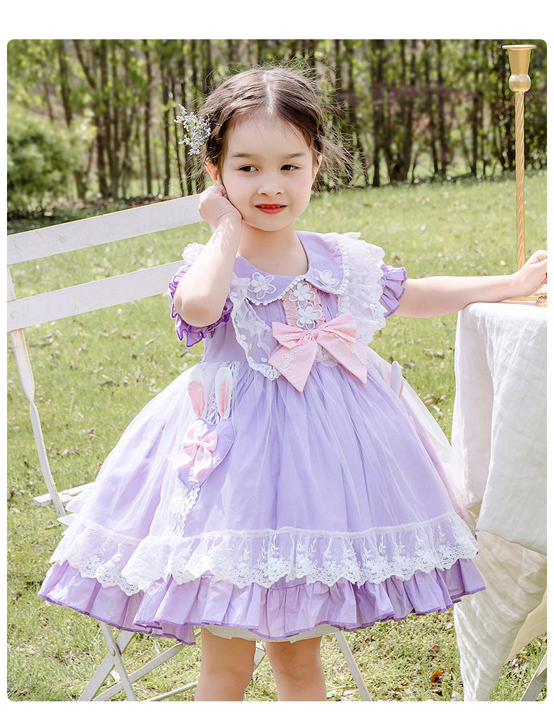 Girls Lolita Dress Summer Light Purple Short Sleeves Lace Jersey with Bow(s) Light Purple / 110 Girls Lolita Dress Summer Light Purple Short Sleeves Lace Jersey with Bow(s) Light Purple / 110