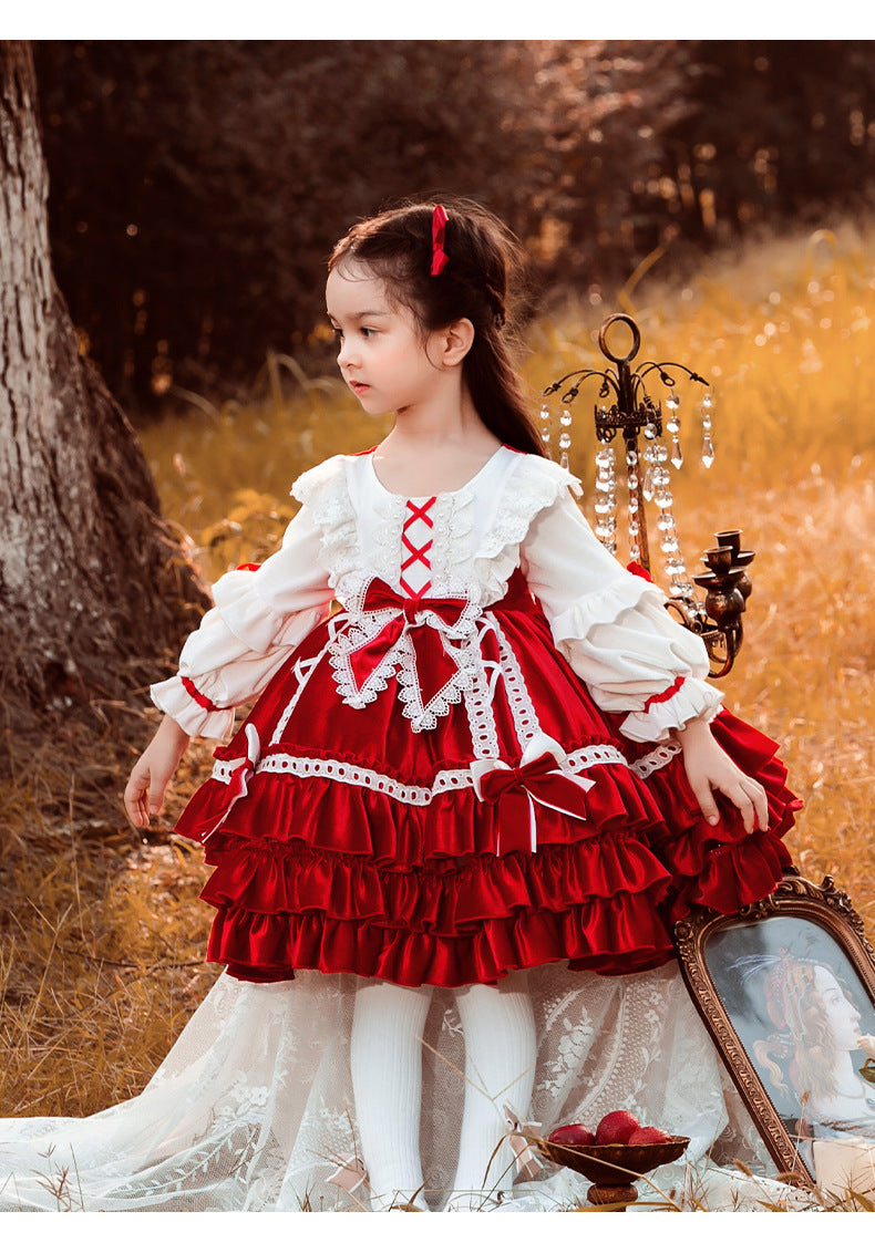 Girls Lolita Dress Red Renaissance Long Sleeves Jewel Neck Velvet with Bow(s) Red / 110 Girls Lolita Dress Red Renaissance Long Sleeves Jewel Neck Velvet with Bow(s) Red / 110