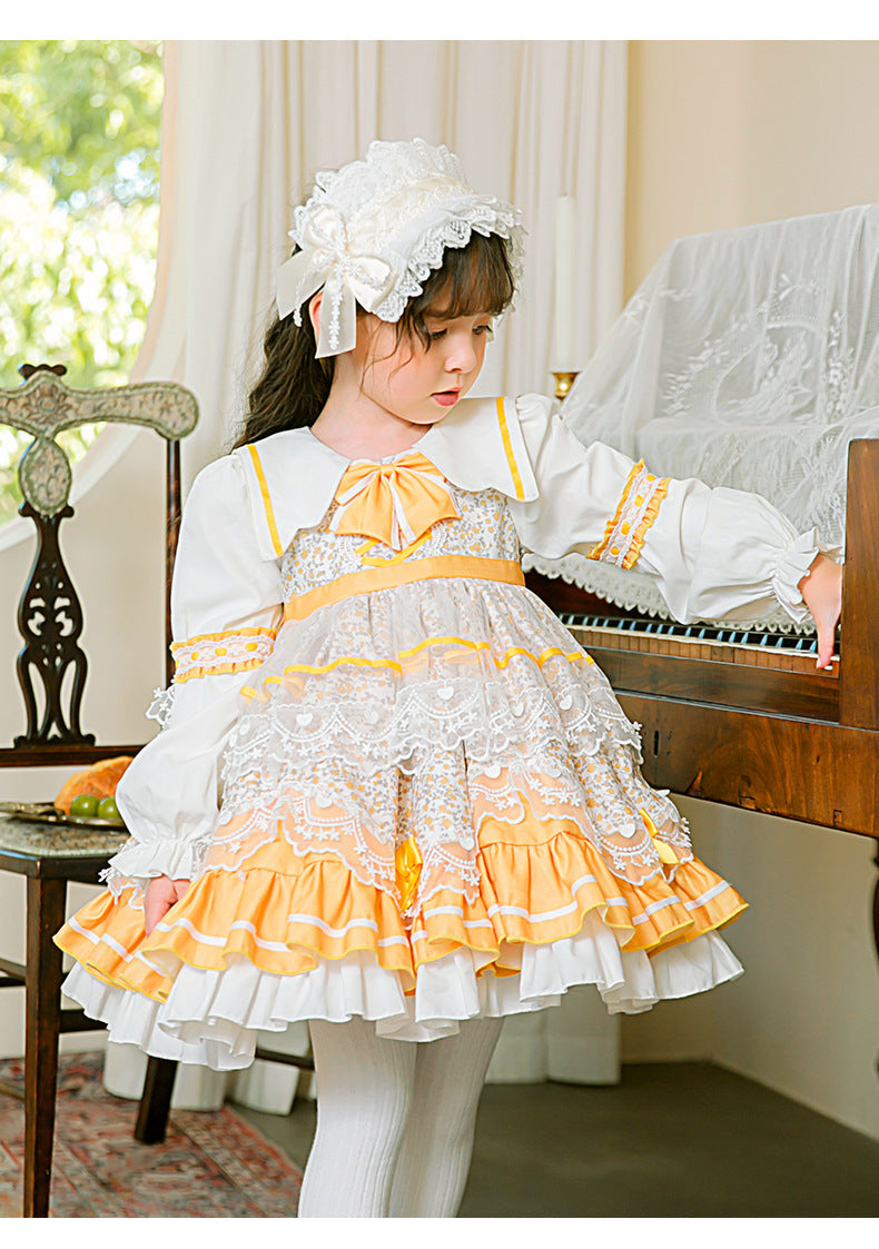 Girls Lolita Dress for Kids Yellow Lace Jewel Neck Long Sleeves with Bow(s)
