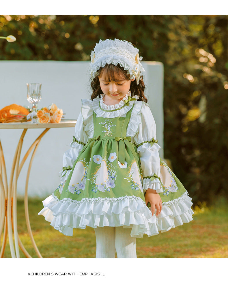 Girls Lolita Dress for Kids Green Frilled Neck Sweet Love Long Sleeves with Bow(s) Green / 110 Girls Lolita Dress for Kids Green Frilled Neck Sweet Love Long Sleeves with Bow(s) Green / 110