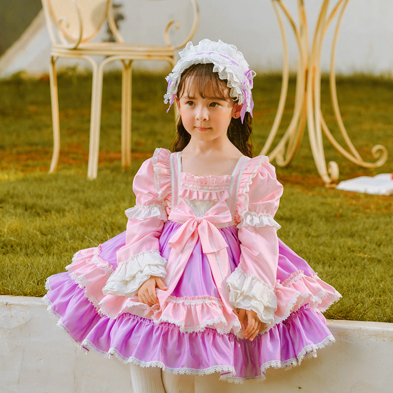Girls Lolita Dress for Kids Pink Frilled Neck Puff Sleeves with Bow(s) Pink / 130 Girls Lolita Dress for Kids Pink Frilled Neck Puff Sleeves with Bow(s) Pink / 130