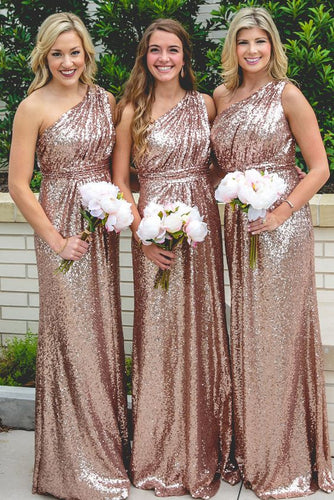 Rose Gold Sequin Bridesmaid Dress One-shoulder Long Wedding Party Dress