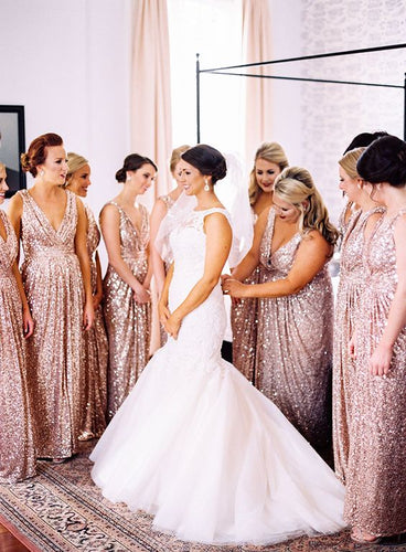 Rose Gold Sequin Bridesmaid Dress V-neck V-back Long Wedding Party Dress