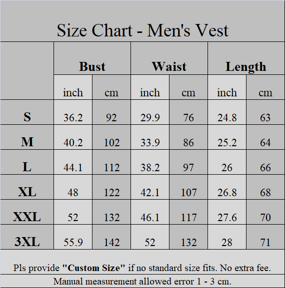 Mens suit 2025 vest size chart