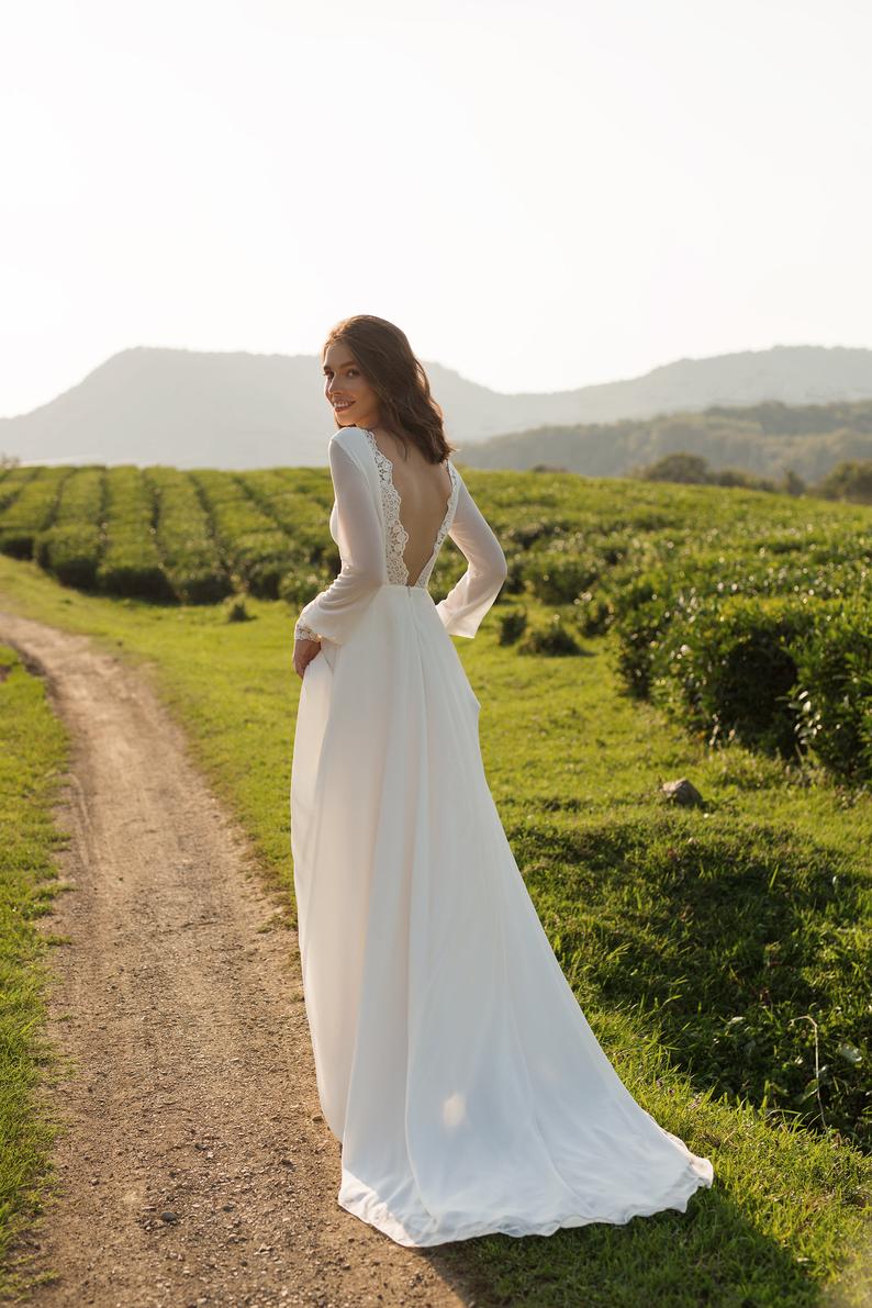 Long Sleeves Wedding Dress 2021 Ivory Chiffon Maxi Dress with Lace Cuff & Back Custom Color / 8 Long Sleeves Wedding Dress 2021 Ivory Chiffon Maxi Dress with Lace Cuff & Back Custom Color / 8