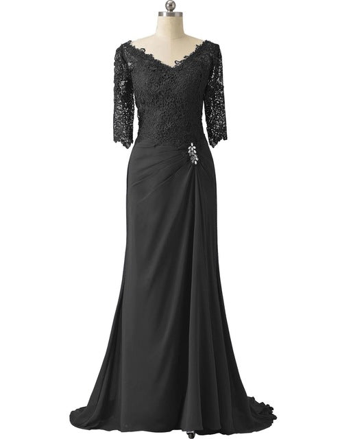 Half Sleeves Lace Mother Of the Bride Bodycon Dress For Wedding Groom Long Formal V Neck For Wedding Party 12 / Black Half Sleeves Lace Mother Of the Bride Bodycon Dress For Wedding Groom Long Formal V Neck For Wedding Party 12 / Black