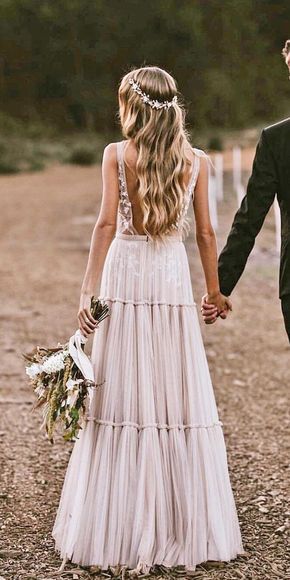 Boho Wedding Dress Champagne Lace Tulle - Main Image