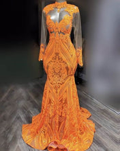 Load image into Gallery viewer, Orange Prom Dress 2023 Illusion Long Sleeves Sequin with Ruffles