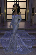 Load image into Gallery viewer, Sliver Sequin Prom Dress 2023 Off the Shoulder with Long Sleeves Sparkly