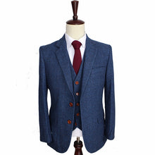 Load image into Gallery viewer, Men's Suits 3 Pieces Tailored Wool Tweed Blue Plaid Herringbone Retro Suits For Men Wedding