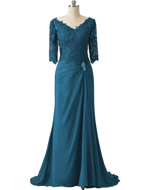 bodycon mother of the bride dress Half Sleeves Lace For Wedding Groom Long Formal V Neck For Wedding Party 12 / teal Material:SILK weddingguesdresses giving a smooth and Adrianna Papell Stretch Crepe