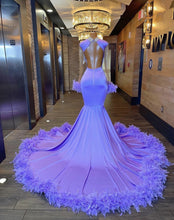 Load image into Gallery viewer, Luxurious Prom Dress 2023 Halter Neck Long Sleeves with Feathers Rhinestones