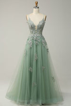 Load image into Gallery viewer, Sage Green Lace Appliques Tulle Prom Dress 2024