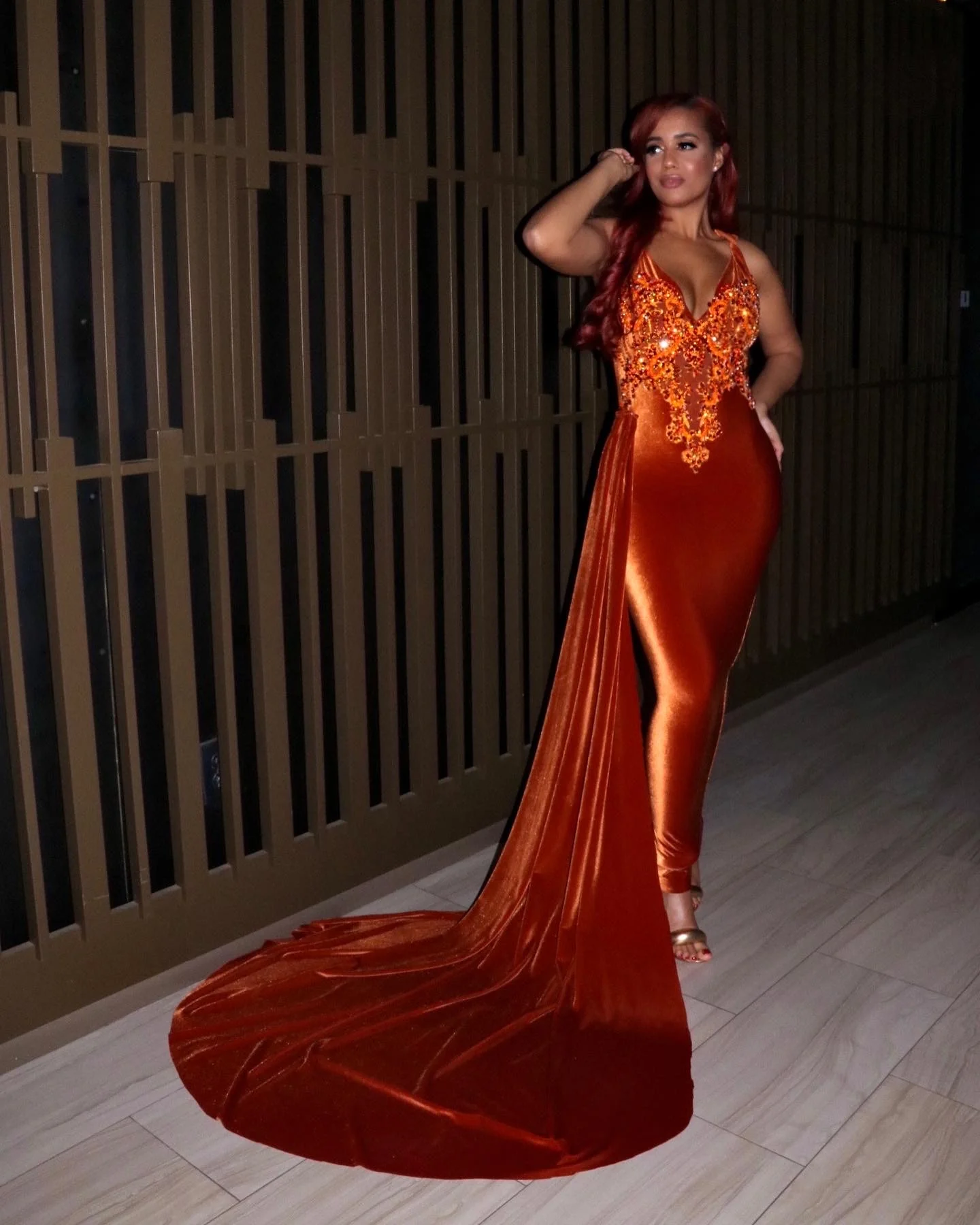 orange velvet prom dress Burnt Orange Velvet Prom Dress 2025 with Detachable Draping Train 14 / Custom Color