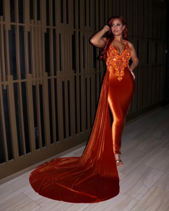 Burnt Orange Velvet Prom Dress 2025 with Detachable Draping Train