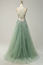 Load image into Gallery viewer, Sage Green Lace Appliques Tulle Prom Dress 2024