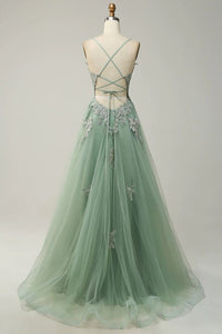 Sage Green Lace Appliques Tulle Prom Dress 2024