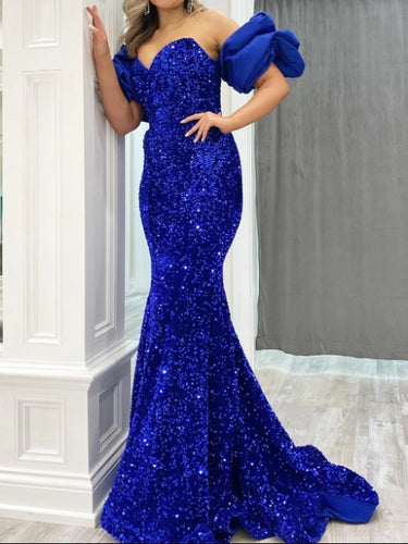 Royal Blue Prom Dress 2024 V Neck Sequin with Sleeves