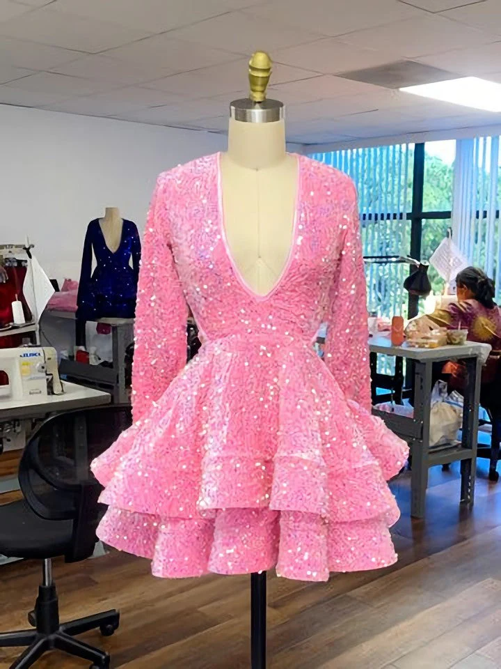 Pink Sequin Homecoming Dress 2024 Long Sleeves