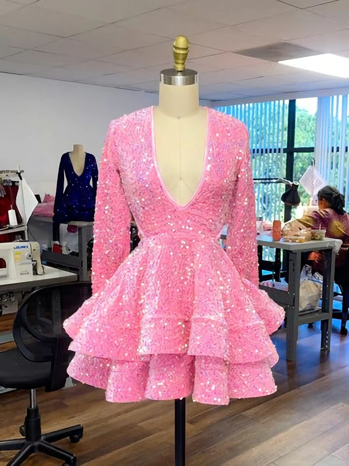 long sleeve hoco dresses 2024 Pink Sequin Homecoming Dress 2024 Long Sleeves 22W / Blue
