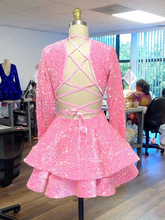 Load image into Gallery viewer, Pink Sequin Homecoming Dress 2024 Long Sleeves