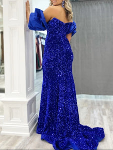 Royal Blue Prom Dress 2024 V Neck Sequin with Sleeves
