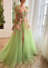 Load image into Gallery viewer, Pretty Prom Dress 2024 Green Straps Floral Tulle with Slit