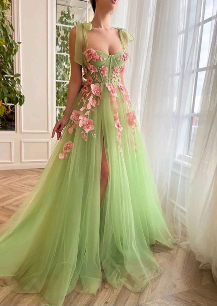 Pretty Prom Dress 2024 Green Straps Floral Tulle with Slit