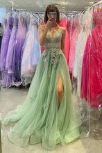 Load image into Gallery viewer, Sage Green Lace Tulle Prom Dress Corset Back with Slit