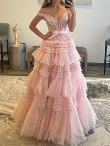 Pink Prom Dress 2024 Off the Shoulder Tiered Tulle