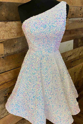 Iridescent White Sequin Homecoming Dress 2024 One-shoulder