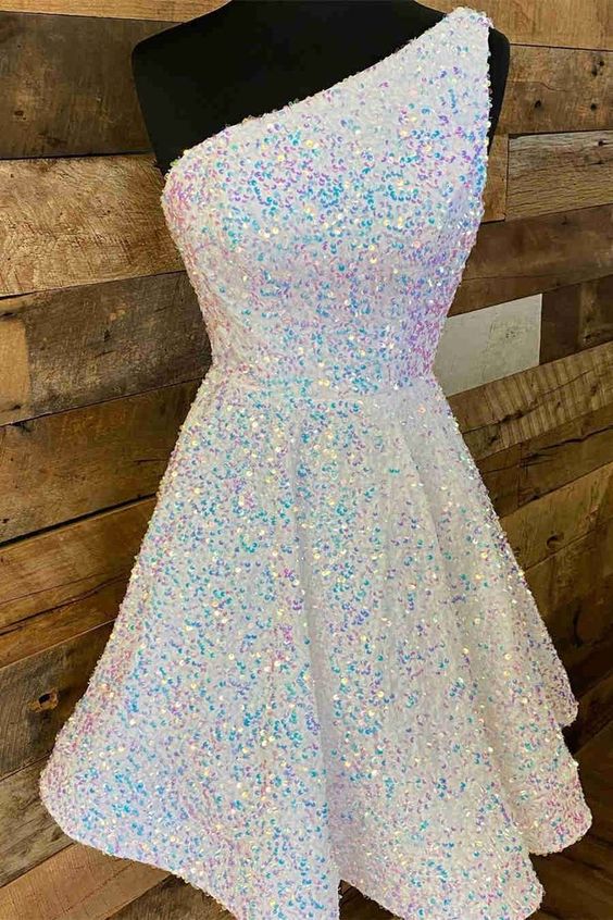 Iridescent White Sequin Homecoming Dress 2024 One-shoulder AnnaCustomDress Iridescent White Sequin Homecoming Dress 2024 One-shoulder AnnaCustomDress