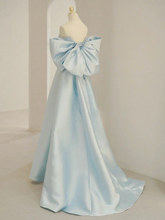 Load image into Gallery viewer, Light Sky Blue Satin Prom Dress 2024 with Big Bows
