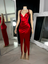 Load image into Gallery viewer, Red Satin Prom Dress 2025 with Slit