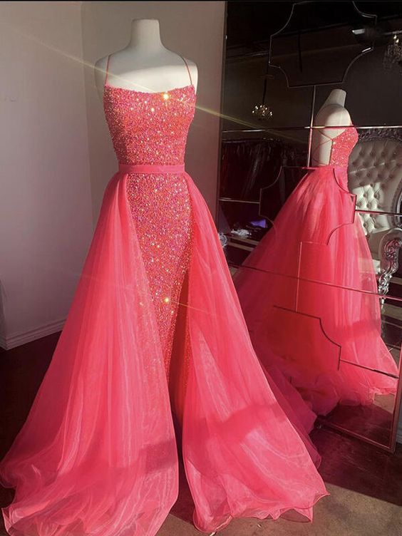 Hot Pink Prom Dress 2024 Halter Neck Sequined Corset Back