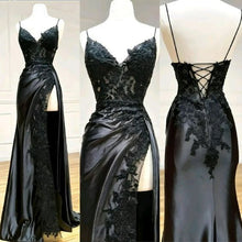 Load image into Gallery viewer, Black Lace Satin Prom Dress 2025 Corset Back with High Slit