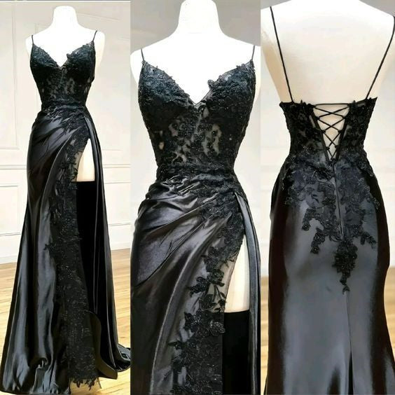 Black Lace Satin Prom Dress 2025 Corset Back with High Slit