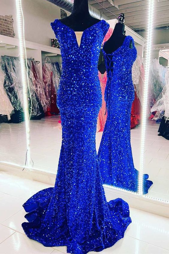 Royal Blue Prom Dress 2024 V Neck Sequined Corset Back – AnnaCustomDress
