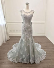 Load image into Gallery viewer, Grey Prom Dress 2024 Illlusion Neck Lace Appiques
