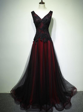 Load image into Gallery viewer, Black Lace Tulle Prom Dress 2025 Corset Back with Red Lining