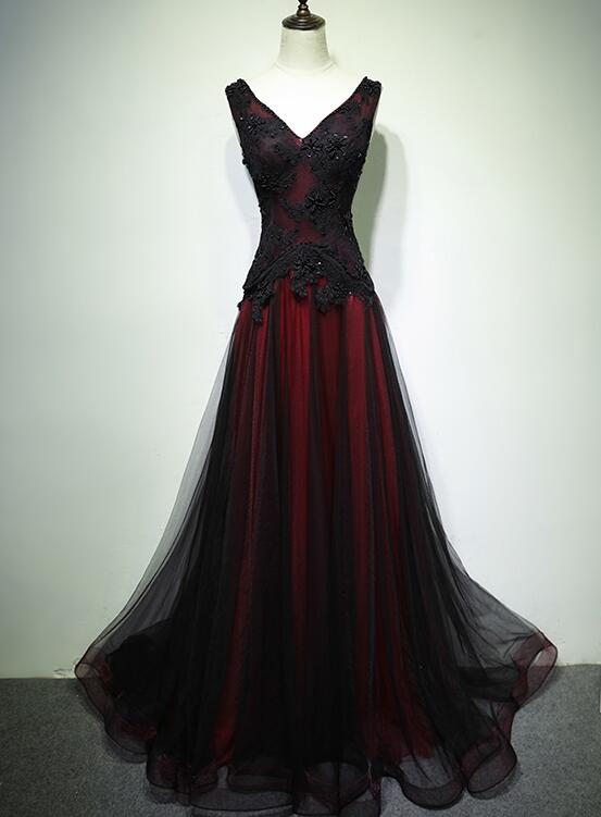 Black Lace Tulle Prom Dress 2025 Corset Back with Red Lining 14 / Red Black Lace Tulle Prom Dress 2025 Corset Back with Red Lining 14 / Red