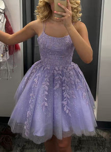 Lilac Prom Dress 2024 Short Spaghetti Straps Tulle Lace Appliques