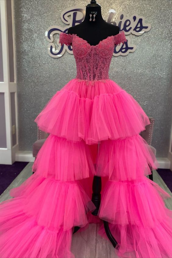 Hot Pink Prom Dress 2024 Off the Shoulder Tiered Tulle AnnaCustomDress