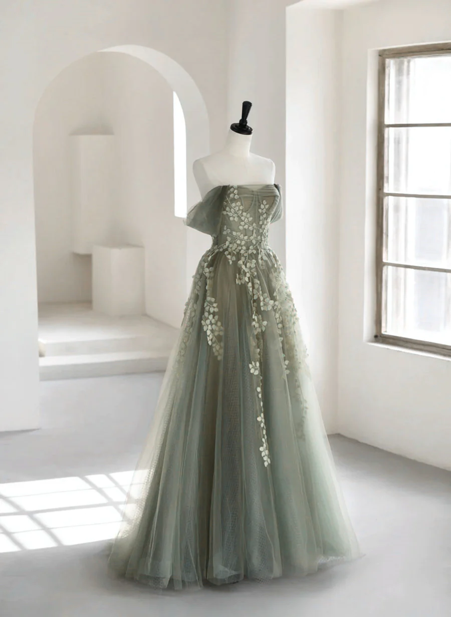 Off-the-shoulder Grey Tulle Prom Dress 2024 Corset Back