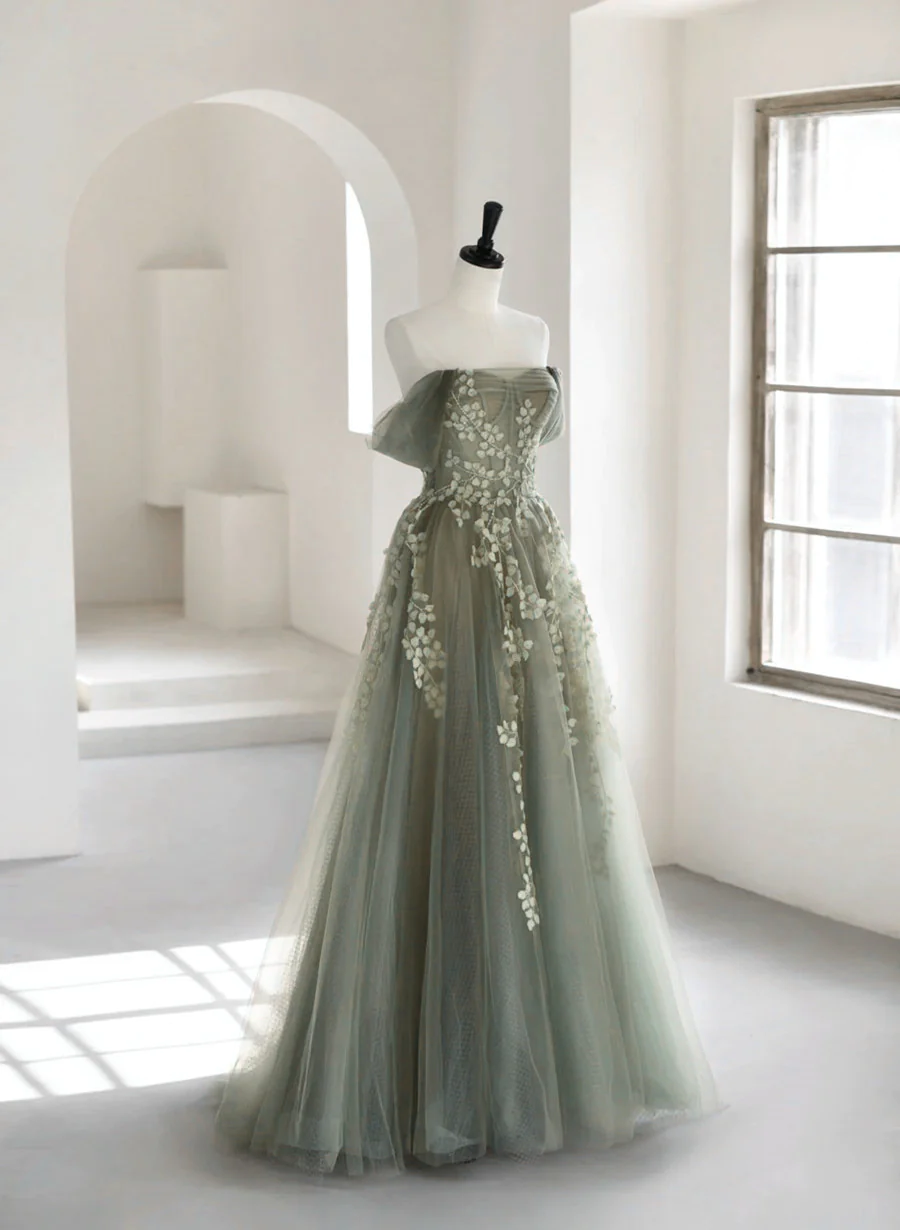 white christmas dresses Off-The-Shoulder Grey Tulle Prom Dress 2024 Corset Back 14 / Blue