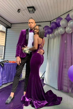 Load image into Gallery viewer, Purple Jacket with Black Satin Lapels Prom Tuxedo 3-pc Jacket Pants Bow-tie